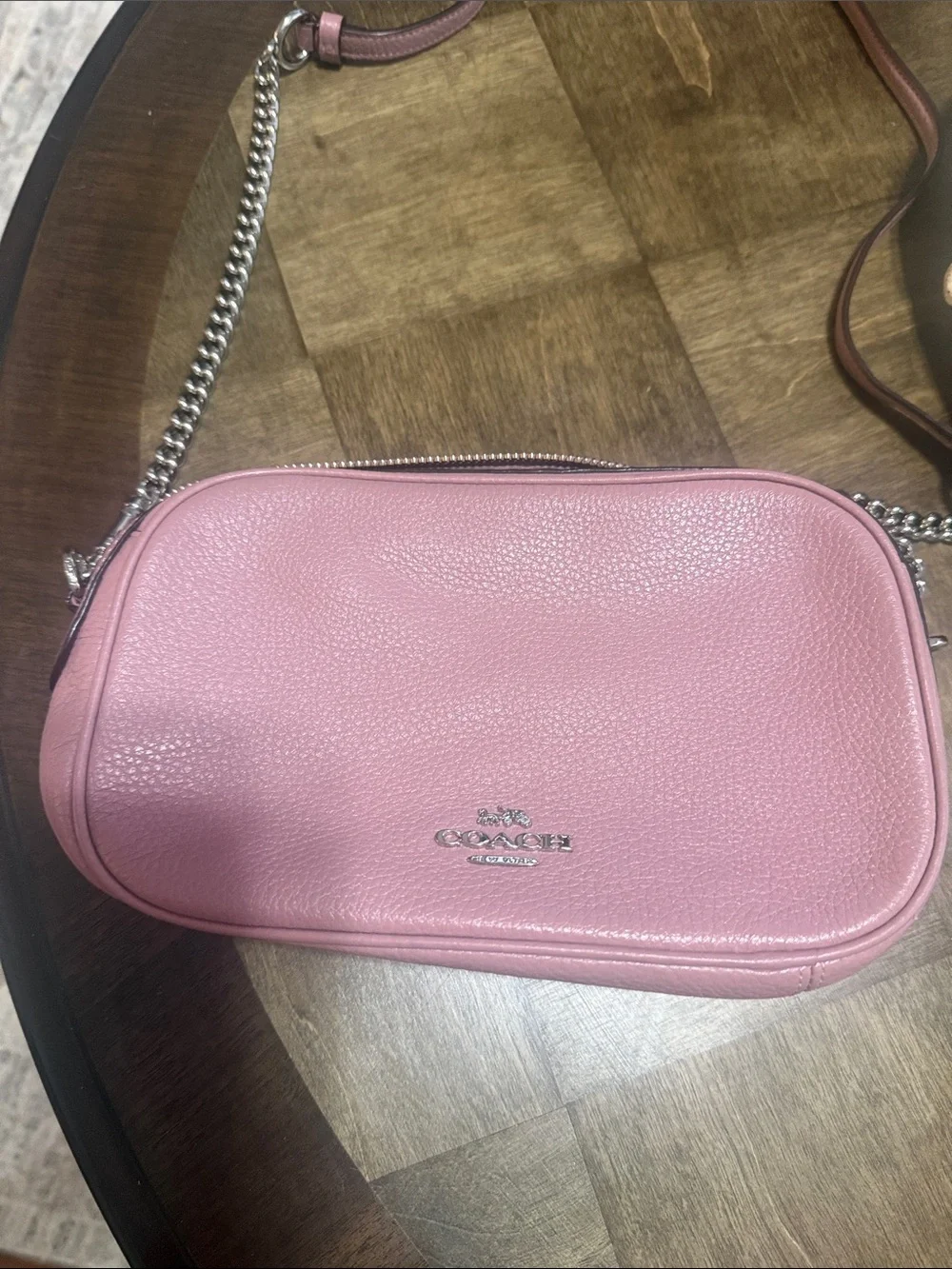 Coach Pink Pebbled Leather Crossbody Camera Bag with Chain Strap